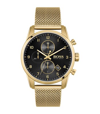 Montre BOSS BLACK SKYMASTER Homme 1513838 Analogique Cadran Minéral Noir Bracelet Milanais Doré Clip / clasp Etanchéité 5 ATM