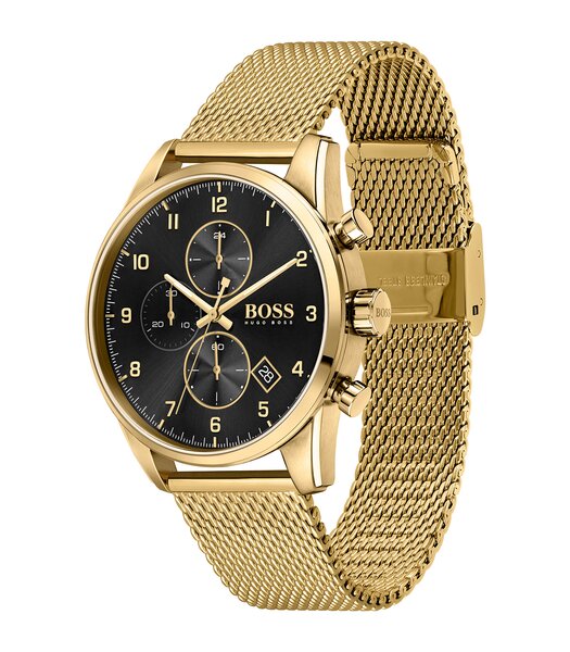 Montre BOSS BLACK SKYMASTER Homme 1513838 Analogique Cadran Minéral Noir Bracelet Milanais Doré Clip / clasp Etanchéité 5 ATM