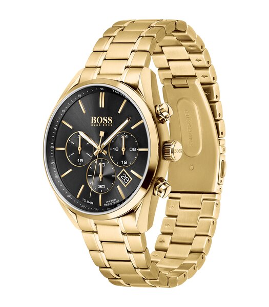 Montre BOSS BLACK CHAMPION Homme 1513848 Analogique Cadran Minéral Noir Bracelet Acier inoxydable Doré Boucle déployante Etanchéité 10 ATM