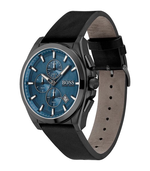 Montre BOSS BLACK GRANDMASTER Homme 1513883 Analogique Cadran Minéral Bleu Bracelet Cuir Noir Boucle ardillon Etanchéité 5 BAR