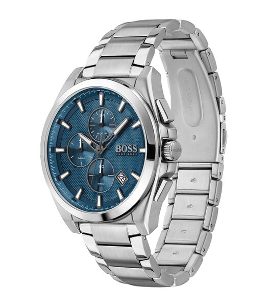 Montre BOSS BLACK GRANDMASTER Homme 1513884 Analogique Cadran Minéral Bleu Bracelet Acier inoxydable Argenté Boucle déployante Etanchéité 5 BAR