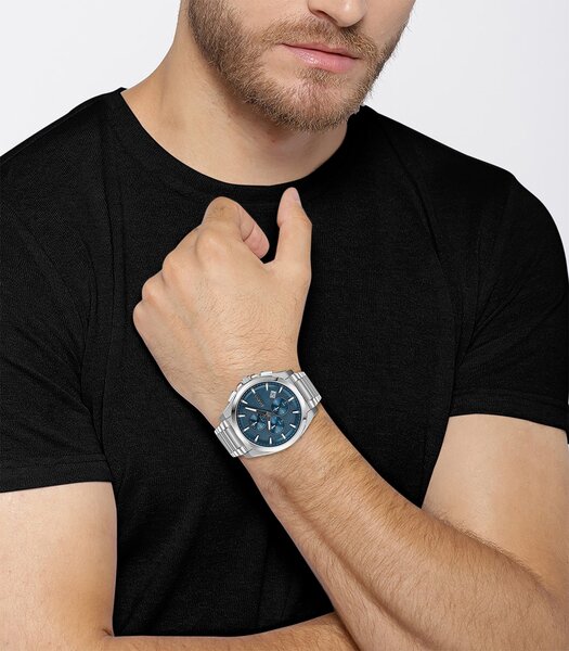 Montre BOSS BLACK GRANDMASTER Homme 1513884 Analogique Cadran Minéral Bleu Bracelet Acier inoxydable Argenté Boucle déployante Etanchéité 5 BAR