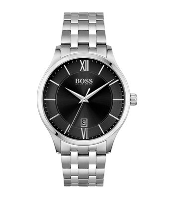 Montre BOSS BLACK ELITE Homme 1513896 Analogique Cadran Minéral Noir Bracelet Acier inoxydable Argenté Boucle déployante Etanchéité 5 BAR