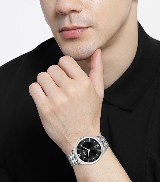 Montre BOSS BLACK ELITE Homme 1513896 Analogique Cadran Minéral Noir Bracelet Acier inoxydable Argenté Boucle déployante Etanchéité 5 BAR