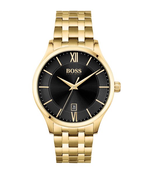 Montre BOSS BLACK ELITE Homme 1513897 Analogique Cadran Minéral Noir Bracelet Acier inoxydable Doré Boucle déployante Etanchéité 5 BAR