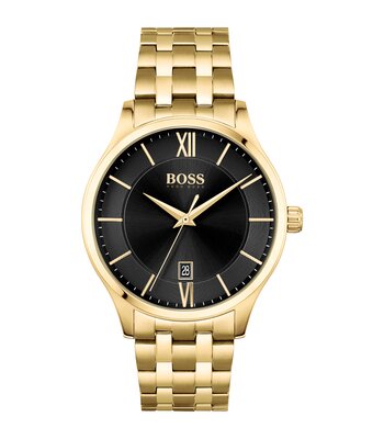 Montre BOSS BLACK ELITE Homme 1513897 Analogique Cadran Minéral Noir Bracelet Acier inoxydable Doré Boucle déployante Etanchéité 5 BAR