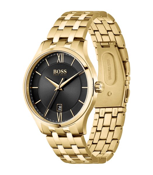 Montre BOSS BLACK ELITE Homme 1513897 Analogique Cadran Minéral Noir Bracelet Acier inoxydable Doré Boucle déployante Etanchéité 5 BAR