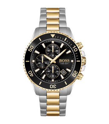 Montre BOSS BLACK ADMIRAL Homme 1513908 Analogique Cadran Minéral Noir Bracelet Acier inoxydable Acier / or jaune Boucle déployante Etanchéité 10 BAR