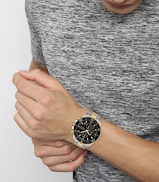 Horloge BOSS BLACK ADMIRAL Heren 1513908 Analoog Behuizing Mineraal Zwart Bracelette Roestvrij staal Staal / geelgoudkleurig Boucle déployante Etanché