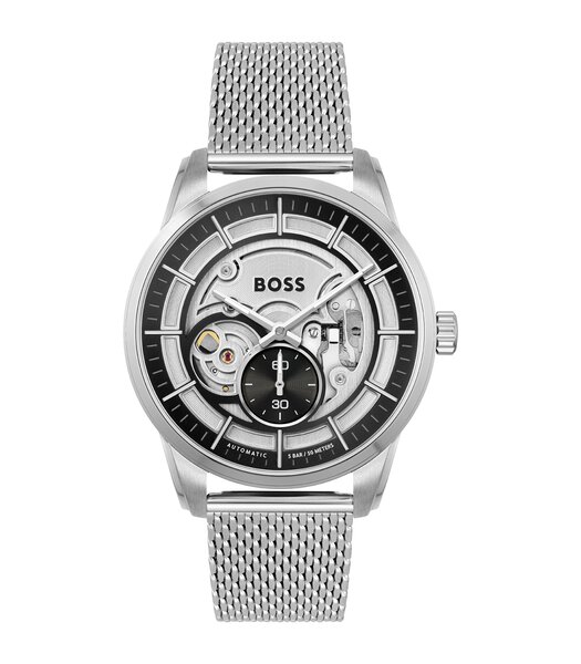 Montre BOSS BLACK SOPHIO AUTO Homme 1513945 Analogique Cadran Minéral Noir Bracelet Milanais Argenté Clip / clasp Etanchéité 5 ATM