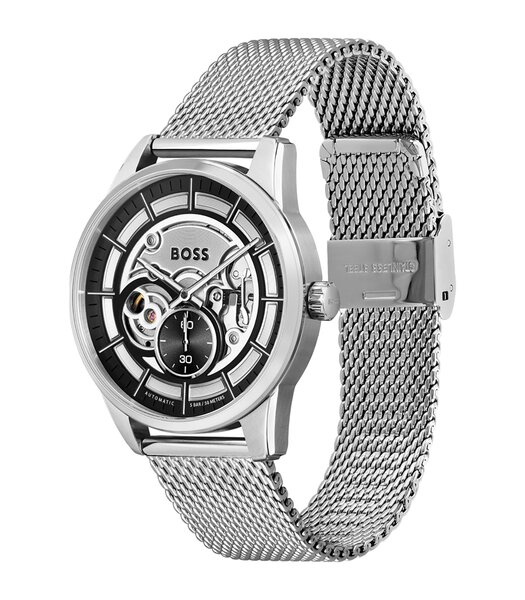 Montre BOSS BLACK SOPHIO AUTO Homme 1513945 Analogique Cadran Minéral Noir Bracelet Milanais Argenté Clip / clasp Etanchéité 5 ATM