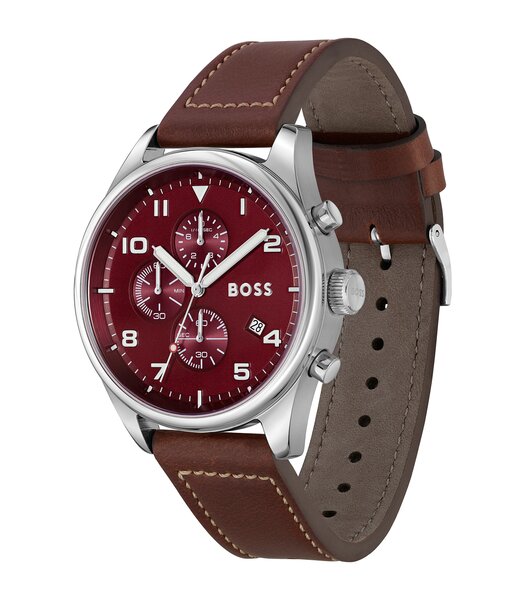 Montre BOSS BLACK VIEW Homme 1513988 Analogue Cadran MINERAL Rouge Bracelet Cuir Brun Boucle ardillon Etanchéité 5BAR
