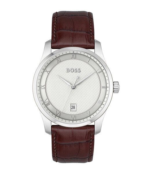 Montre BOSS BLACK PRINCIPLE Homme 1514114 Analogue Cadran MINERAL Argenté Bracelet Cuir Brun Boucle déployante Etanchéité 3BAR