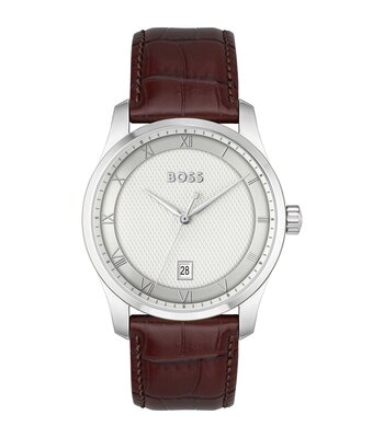 Montre BOSS BLACK PRINCIPLE Homme 1514114 Analogue Cadran MINERAL Argenté Bracelet Cuir Brun Boucle déployante Etanchéité 3BAR