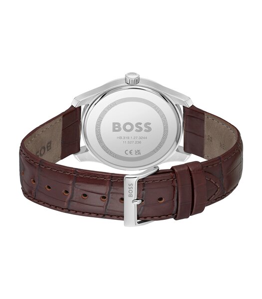 Montre BOSS BLACK PRINCIPLE Homme 1514114 Analogue Cadran MINERAL Argenté Bracelet Cuir Brun Boucle déployante Etanchéité 3BAR