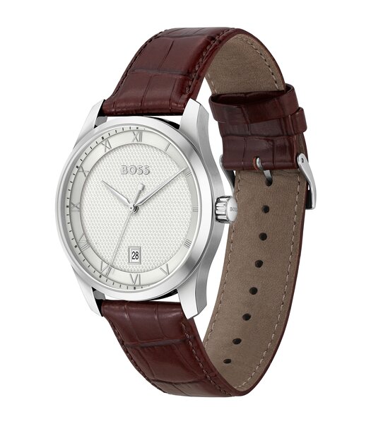 Montre BOSS BLACK PRINCIPLE Homme 1514114 Analogue Cadran MINERAL Argenté Bracelet Cuir Brun Boucle déployante Etanchéité 3BAR