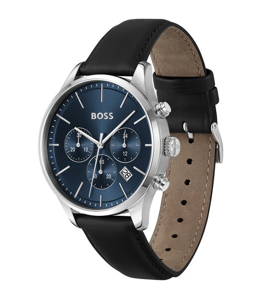 Horloge BOSS BLACK AVERY Heren 1514156 Analoog Behuizing MINERAAL Blauw Bracelette Leer Zwart Boucle déployante Etanchéiteiten 5BAR