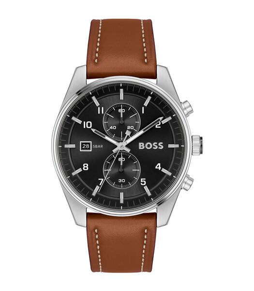 Montre BOSS BLACK SKYTRAVELLER Homme 1514161 Analogue Cadran MINERAL Noir Bracelet Cuir Brun Boucle déployante Etanchéité 5BAR
