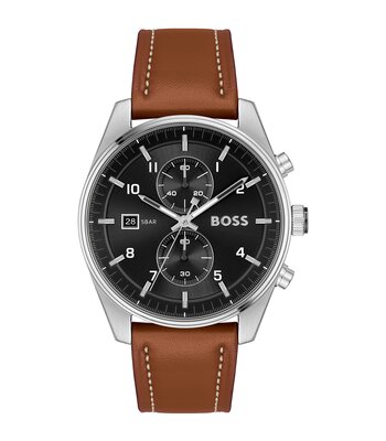 Montre BOSS BLACK SKYTRAVELLER Homme 1514161 Analogue Cadran MINERAL Noir Bracelet Cuir Brun Boucle déployante Etanchéité 5BAR