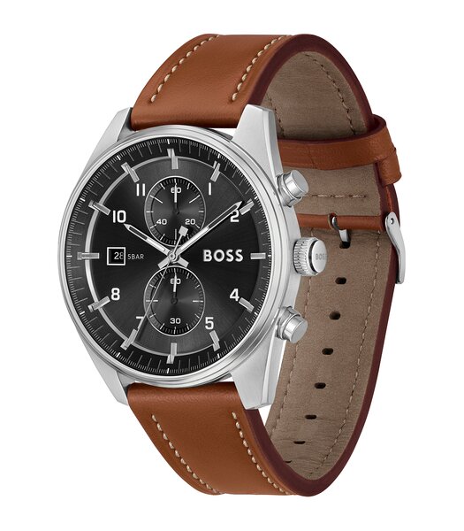 Montre BOSS BLACK SKYTRAVELLER Homme 1514161 Analogue Cadran MINERAL Noir Bracelet Cuir Brun Boucle déployante Etanchéité 5BAR
