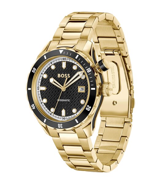Montre BOSS BLACK BOSSMATIC Homme 1514180 Analogue Cadran MINERAL Noir Bracelet Acier Or jaune Etanchéité 10BAR