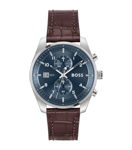 Montre BOSS BLACK SKYTRAVELLER Homme 1514194 Analogue Cadran MINERAL Bleu Bracelet Cuir Brun Etanchéité 5BAR