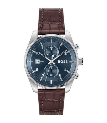 Montre BOSS BLACK SKYTRAVELLER Homme 1514194 Analogue Cadran MINERAL Bleu Bracelet Cuir Brun Etanchéité 5BAR