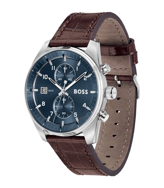 Montre BOSS BLACK SKYTRAVELLER Homme 1514194 Analogue Cadran MINERAL Bleu Bracelet Cuir Brun Etanchéité 5BAR