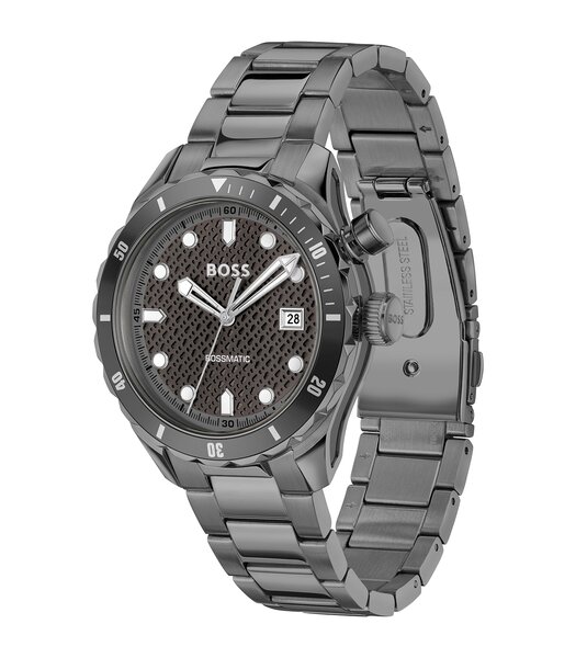 Montre BOSS BLACK BOSSMATIC Homme 1514213 Analogue Cadran MINERAL Gris Bracelet Acier Gris Etanchéité 10BAR