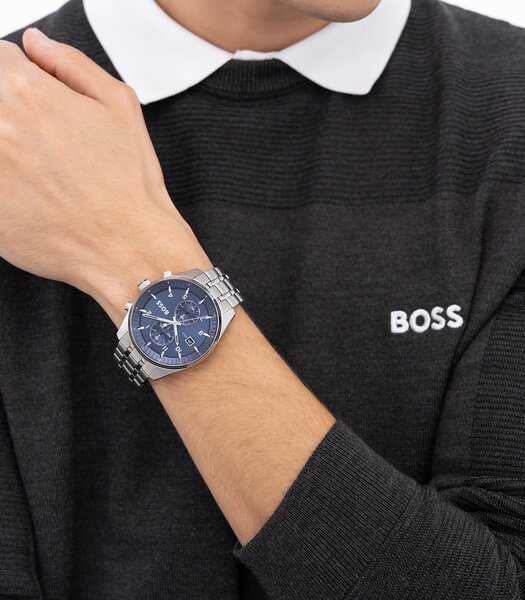 Montre BOSS BLACK SKYTRAVELLER Homme 1514216 Analogue Cadran MINERAL Bleu Bracelet Acier inoxydable Acier Etanchéité 5BAR