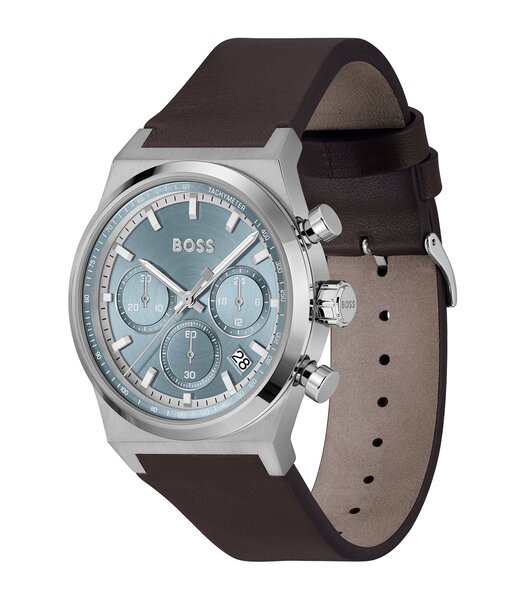 Montre BOSS BLACK CANDOR CHRONO Homme 1514219 Analogue Cadran MINERAL Bleu Bracelet Cuir Brun Etanchéité 5BAR
