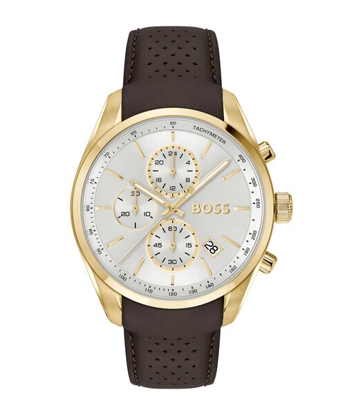 Montre BOSS BLACK GRAND PRIX 44 Homme 1514225 Analogue Cadran MINERAL Argenté Bracelet Cuir Brun Etanchéité 5BAR