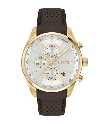 Montre BOSS BLACK GRAND PRIX 44 Homme 1514225 Analogue Cadran MINERAL Argenté Bracelet Cuir Brun Etanchéité 5BAR