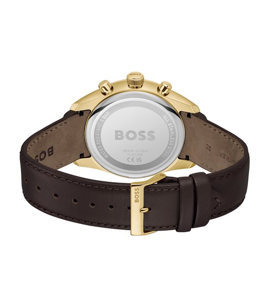 Montre BOSS BLACK GRAND PRIX 44 Homme 1514225 Analogue Cadran MINERAL Argenté Bracelet Cuir Brun Etanchéité 5BAR