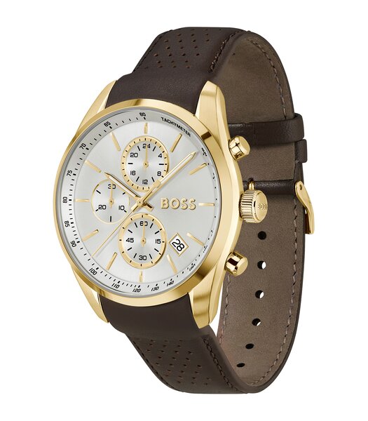 Montre BOSS BLACK GRAND PRIX 44 Homme 1514225 Analogue Cadran MINERAL Argenté Bracelet Cuir Brun Etanchéité 5BAR