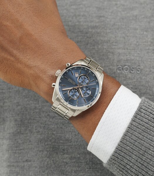 Montre BOSS BLACK GRAND PRIX 44 Homme 1514226 Analogue Cadran MINERAL Bleu Bracelet Acier inoxydable Acier Etanchéité 5BAR