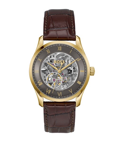 Montre BOSS BLACK PRINCIPLE SKELETON Homme 1514235 Analogue Cadran MINERAL Gris Bracelet Cuir Brun Etanchéité 5BAR