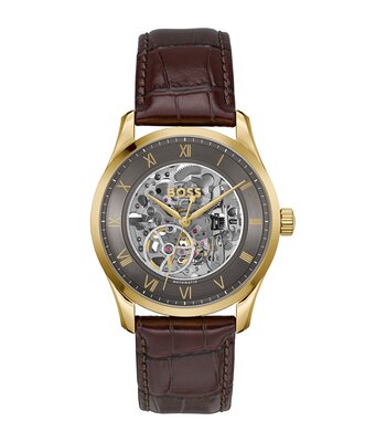 Montre BOSS BLACK PRINCIPLE SKELETON Homme 1514235 Analogue Cadran MINERAL Gris Bracelet Cuir Brun Etanchéité 5BAR