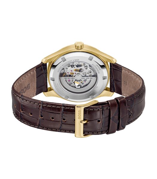 Montre BOSS BLACK PRINCIPLE SKELETON Homme 1514235 Analogue Cadran MINERAL Gris Bracelet Cuir Brun Etanchéité 5BAR