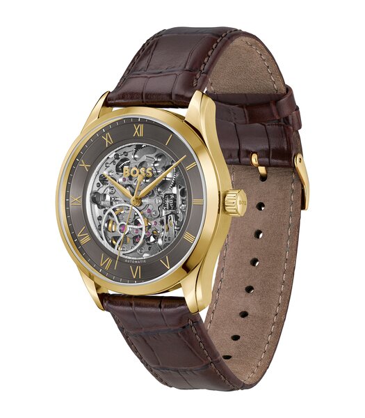Montre BOSS BLACK PRINCIPLE SKELETON Homme 1514235 Analogue Cadran MINERAL Gris Bracelet Cuir Brun Etanchéité 5BAR