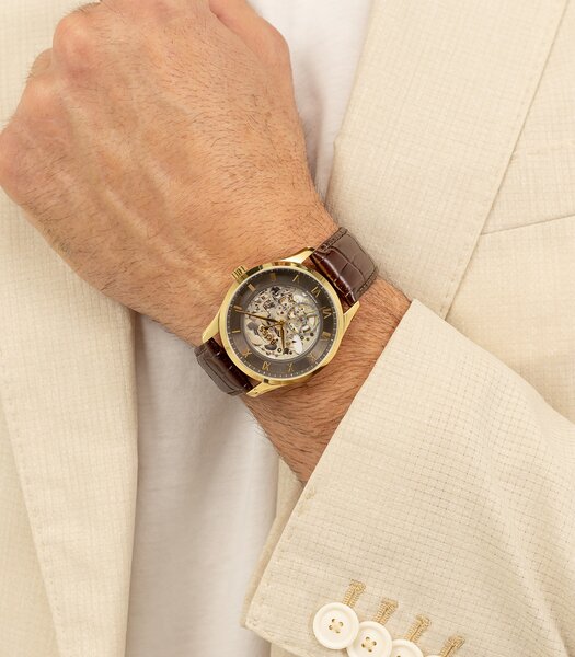 Montre BOSS BLACK PRINCIPLE SKELETON Homme 1514235 Analogue Cadran MINERAL Gris Bracelet Cuir Brun Etanchéité 5BAR