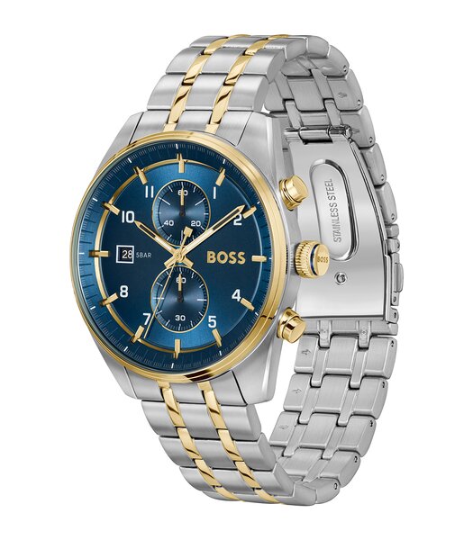 Montre BOSS BLACK SKYTRAVELLER Homme 1514247 Analogue Cadran MINERAL Bleu Bracelet Acier inoxydable Acier / or jaune Etanchéité 5BAR