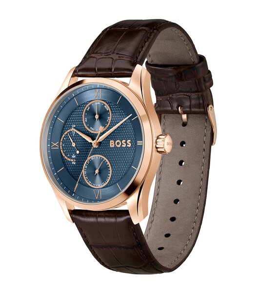 Montre BOSS BLACK PRINCIPLE MASTER Homme 1514273 Analogue Cadran MINERAL Bleu Bracelet Cuir Brun Etanchéité 5BAR
