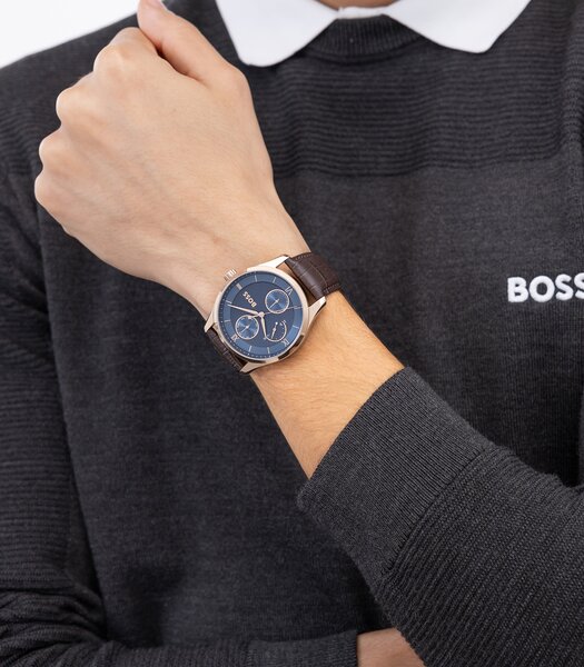 Montre BOSS BLACK PRINCIPLE MASTER Homme 1514273 Analogue Cadran MINERAL Bleu Bracelet Cuir Brun Etanchéité 5BAR