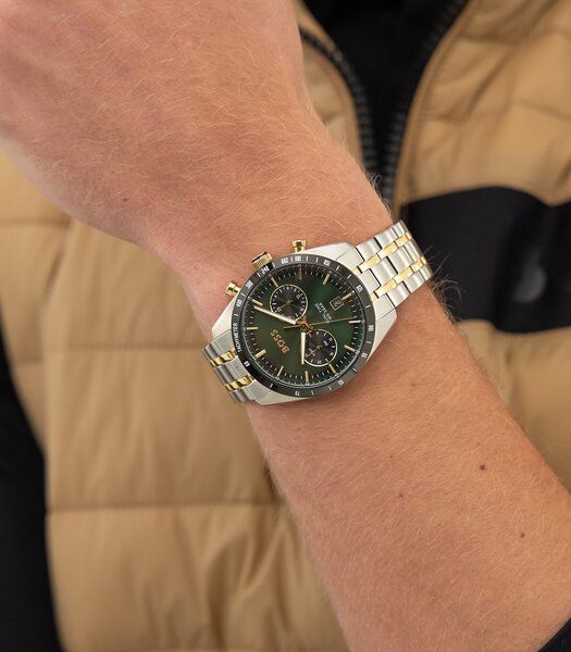 Montre BOSS BLACK TOURMASTER Homme 1514287 Analogue Cadran MINERAL Vert Bracelet Acier inoxydable Acier / or jaune Boucle déployante Etanchéité 5BAR