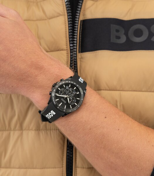 Montre BOSS BLACK STRIKER CHRONO - LE Homme 1514289 Analogue Cadran MINERAL Noir Bracelet Silicone Noir Etanchéité 5BAR
