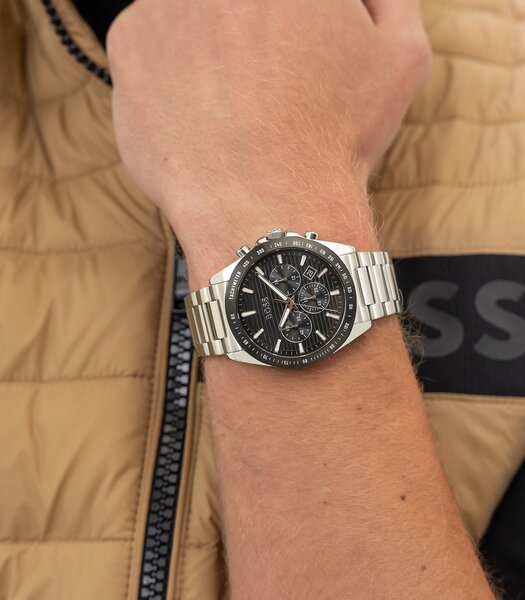 Montre BOSS BLACK STRIKER CHRONO - LE Homme 1514290 Analogue Cadran MINERAL Noir Bracelet Acier inoxydable Acier Etanchéité 5BAR