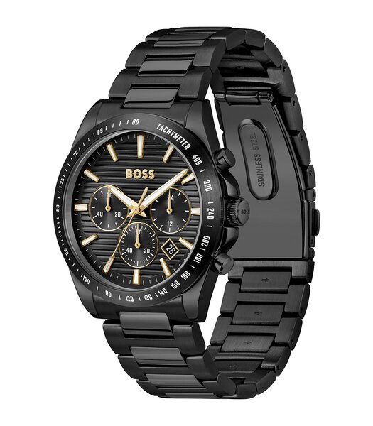 Montre BOSS BLACK STRIKER CHRONO - LE Homme 1514291 Analogue Cadran MINERAL Noir Bracelet Acier Noir Etanchéité 5BAR