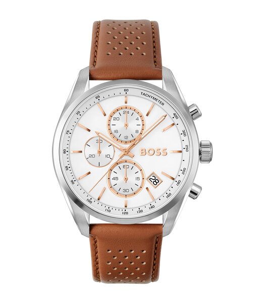 Montre BOSS BLACK GRAND PRIX 44 - LE Homme 1514313 Analogue Cadran MINERAL Blanc Bracelet Cuir Brun Etanchéité 5BAR