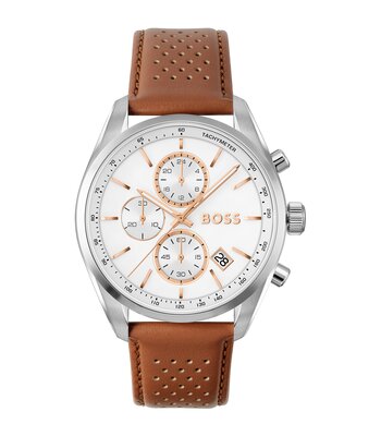 Montre BOSS BLACK GRAND PRIX 44 - LE Homme 1514313 Analogue Cadran MINERAL Blanc Bracelet Cuir Brun Etanchéité 5BAR